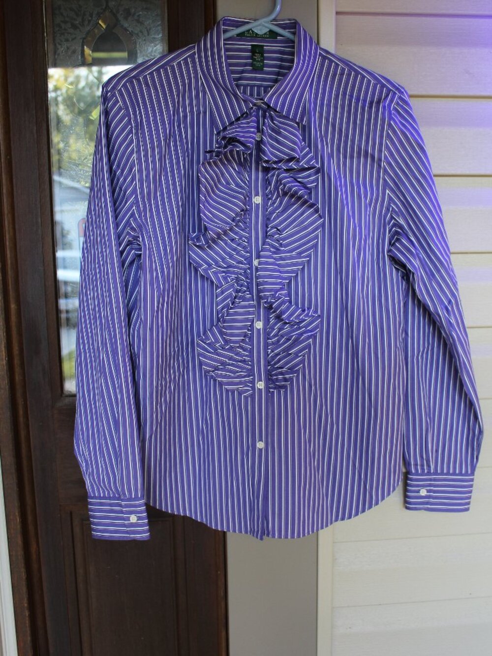 WOMENS LAUREN RALPH LAUREN PURPLE STRIPE SHIRT SIZE LARGE RUFFLE DOWN FRONT